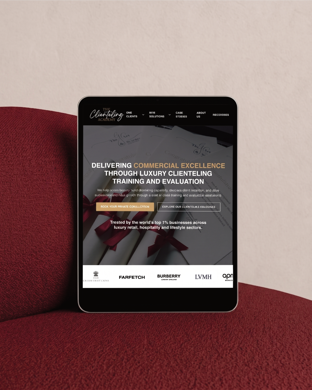The Clienteling Academy website shown on a tablet