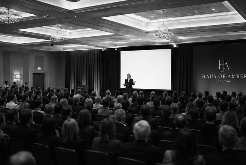 Liz Wilch speaking on stage to a large conference audience
